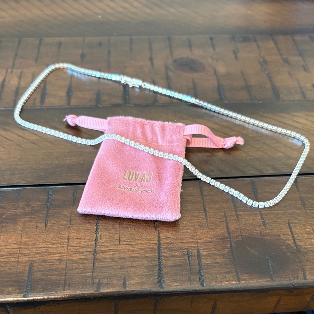 Luv Aj Silver Tennis Necklace with Pink Pouch